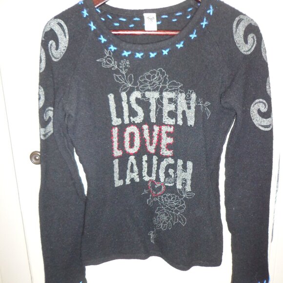 Prana Sweaters - prAna Listen Love Laugh BOHO Knit Sweater M Black Raglan Raw Seams Graphics